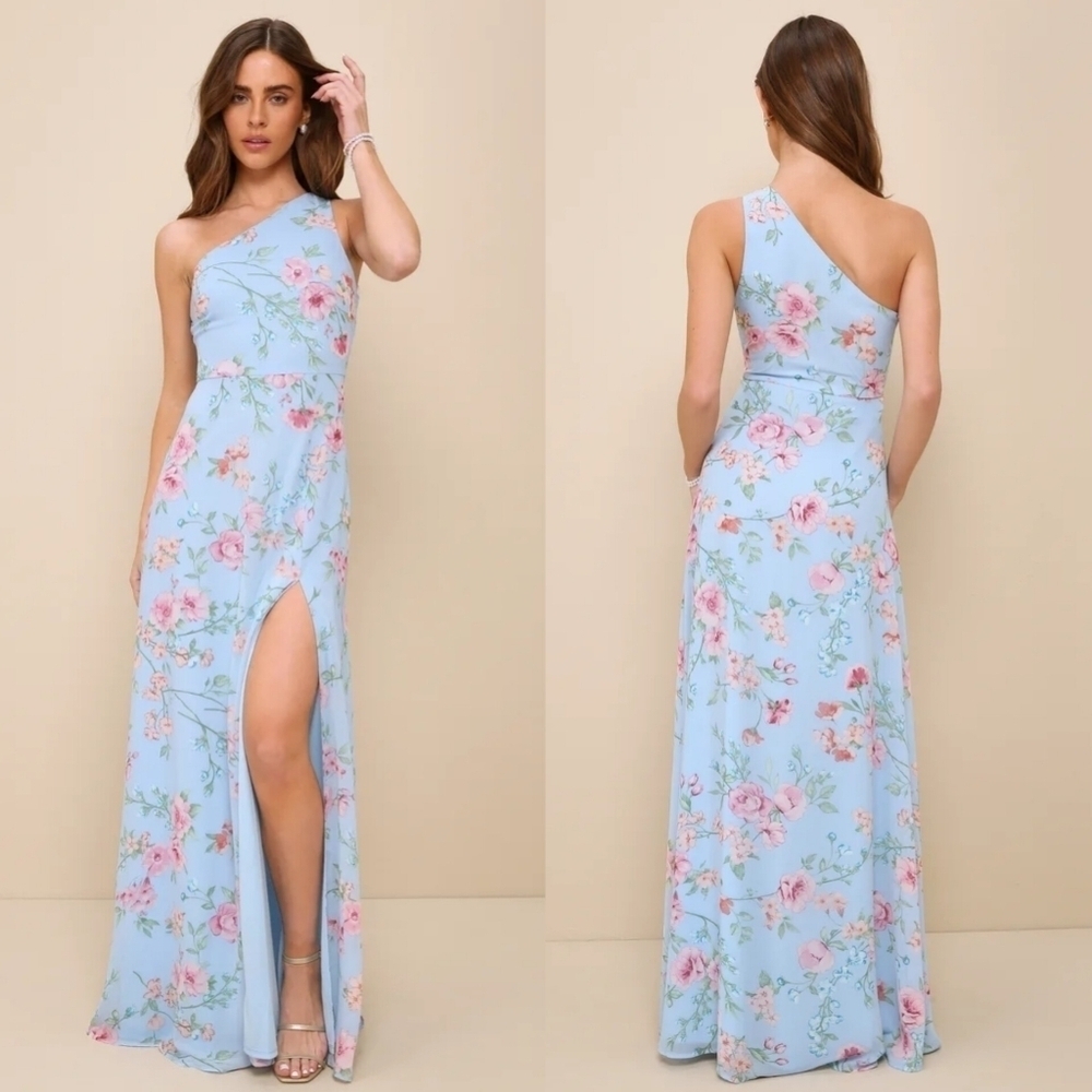 Lulus Elegant Admiration Light Blue Floral One-Shoulder Maxi Dress L Wedding